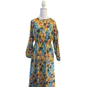 Floral Prairie Cottage Hippie Small Spring Floral Yellow Teal Long Sleeve Dress